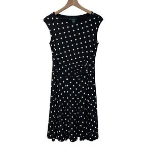 Lauren Ralph Lauren Black Polka Dot Sleeveless Ruched Sheath‎ Dress